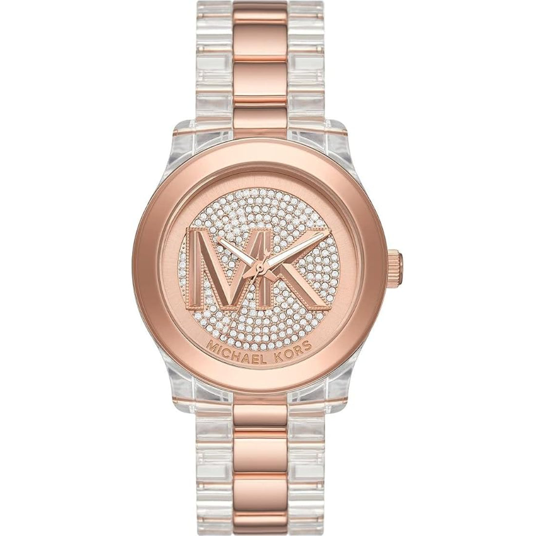 Michael Kors Runway Women's Rose Gold Pave Dial Clear Acetate and Rose Gold-Tone Stainless Steel Bracelet Quartz Watch MK7355