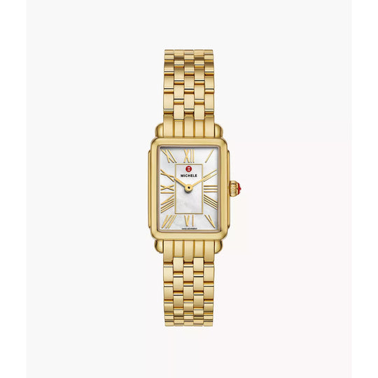 Michele Deco Park Women's White Mother-of-Pearl Dial Gold-Tone Stainless Steel Bracelet Quartz Watch MWW06E000146