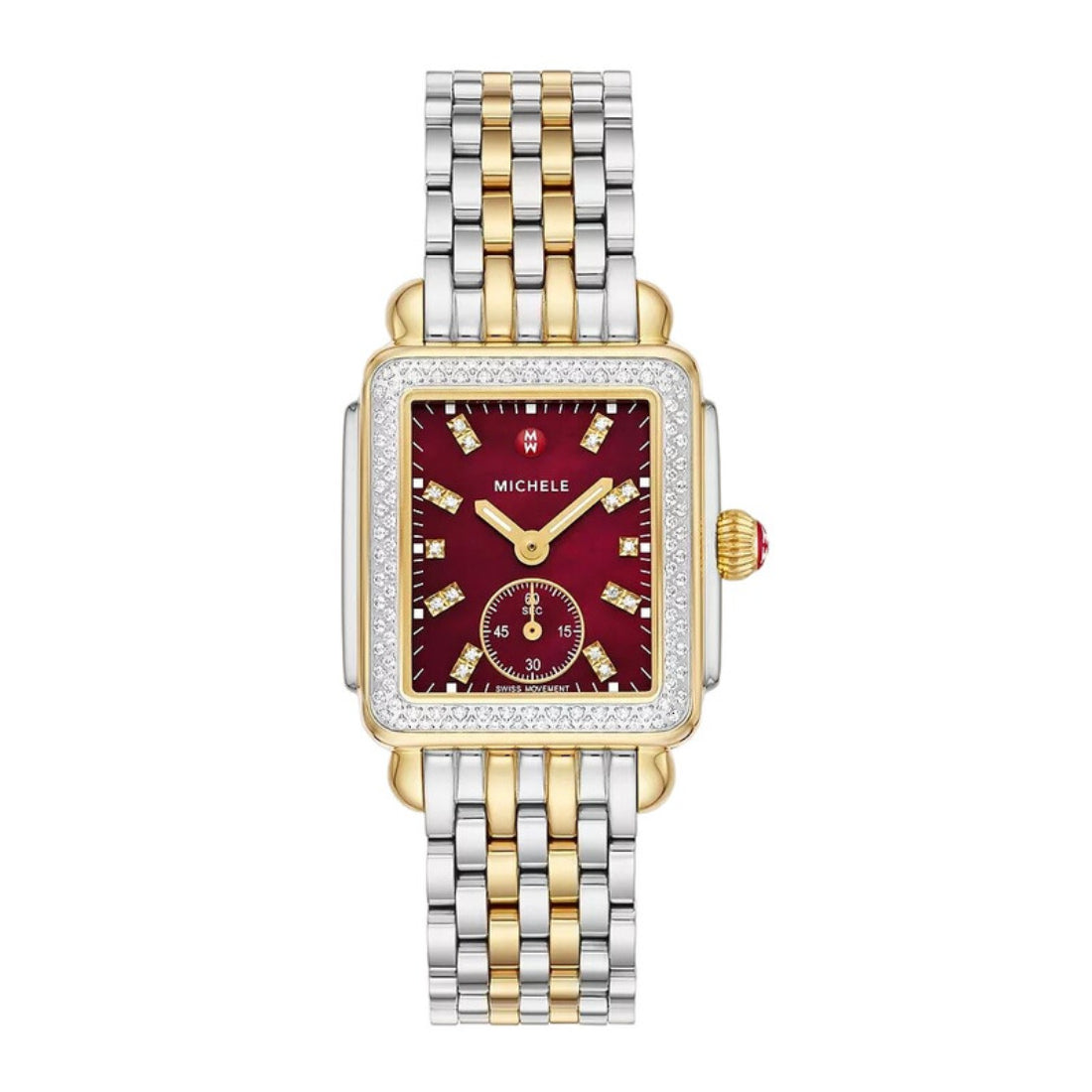Michele Deco Mid Women's Ruby Red Mother-of-Pearl Dial Two-Tone Stainless Steel Bracelet Quartz Watch MWW06V000130