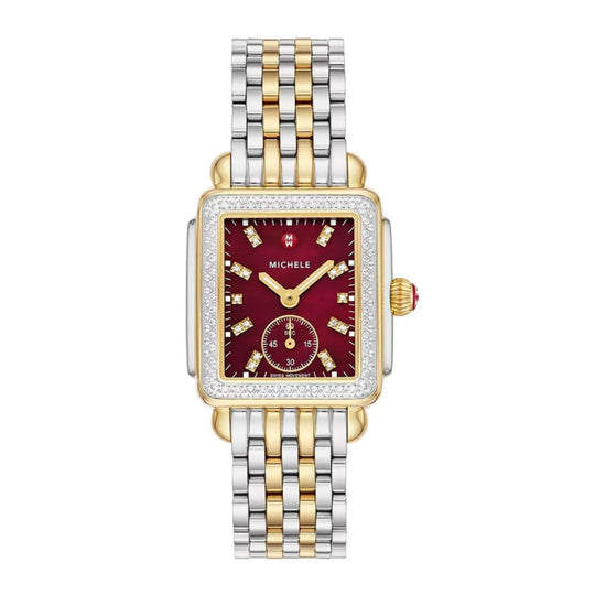 Michele Deco Mid Women's Ruby Red Mother-of-Pearl Dial Two-Tone Stainless Steel Bracelet Quartz Watch MWW06V000130