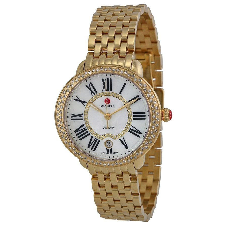 Michele Serein Diamond Women's White Mother-of-Pearl Dial Yellow Gold-Tone Stainless Steel Bracelet Quartz Watch MWW21B000031