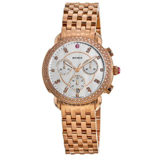Michele Sidney Women's White Mother-of-Pearl Dial Rose Gold-Tone Stainless Steel Bracelet Quartz Watch MWW30A000033