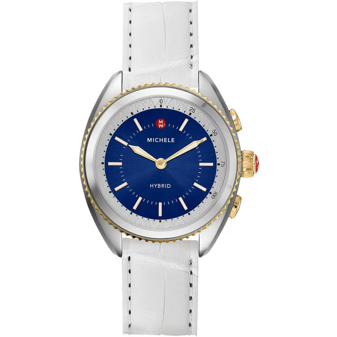 Michele Hybrid Smartwatch Women's Navy Blue Sunray Dial White Leather Strap Quartz Watch MWWT32A00008