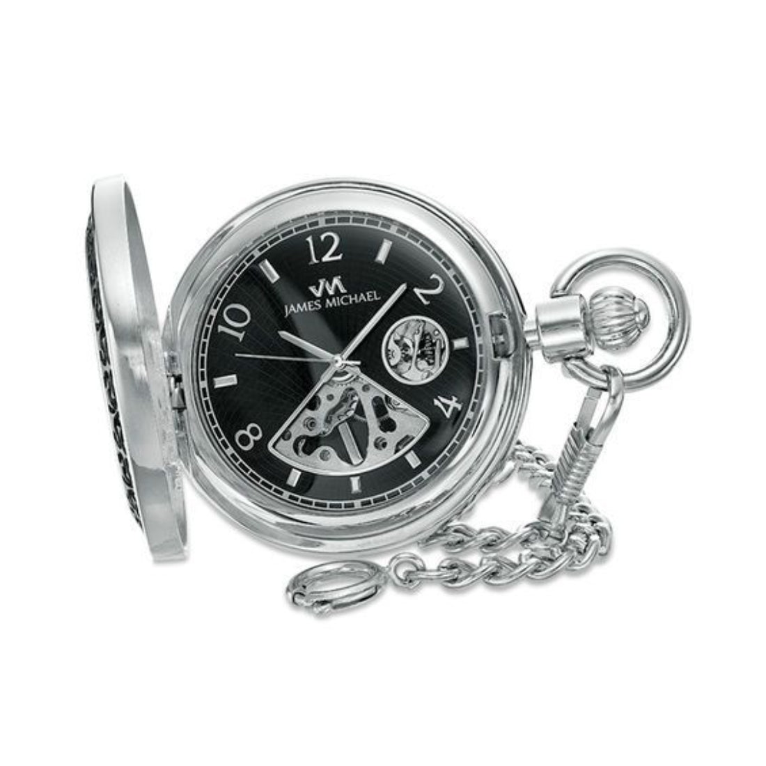 James Michael Men's Black Skeleton Dial Silver-Tone Alloy Case Mechanical Pocket Watch PMA181016