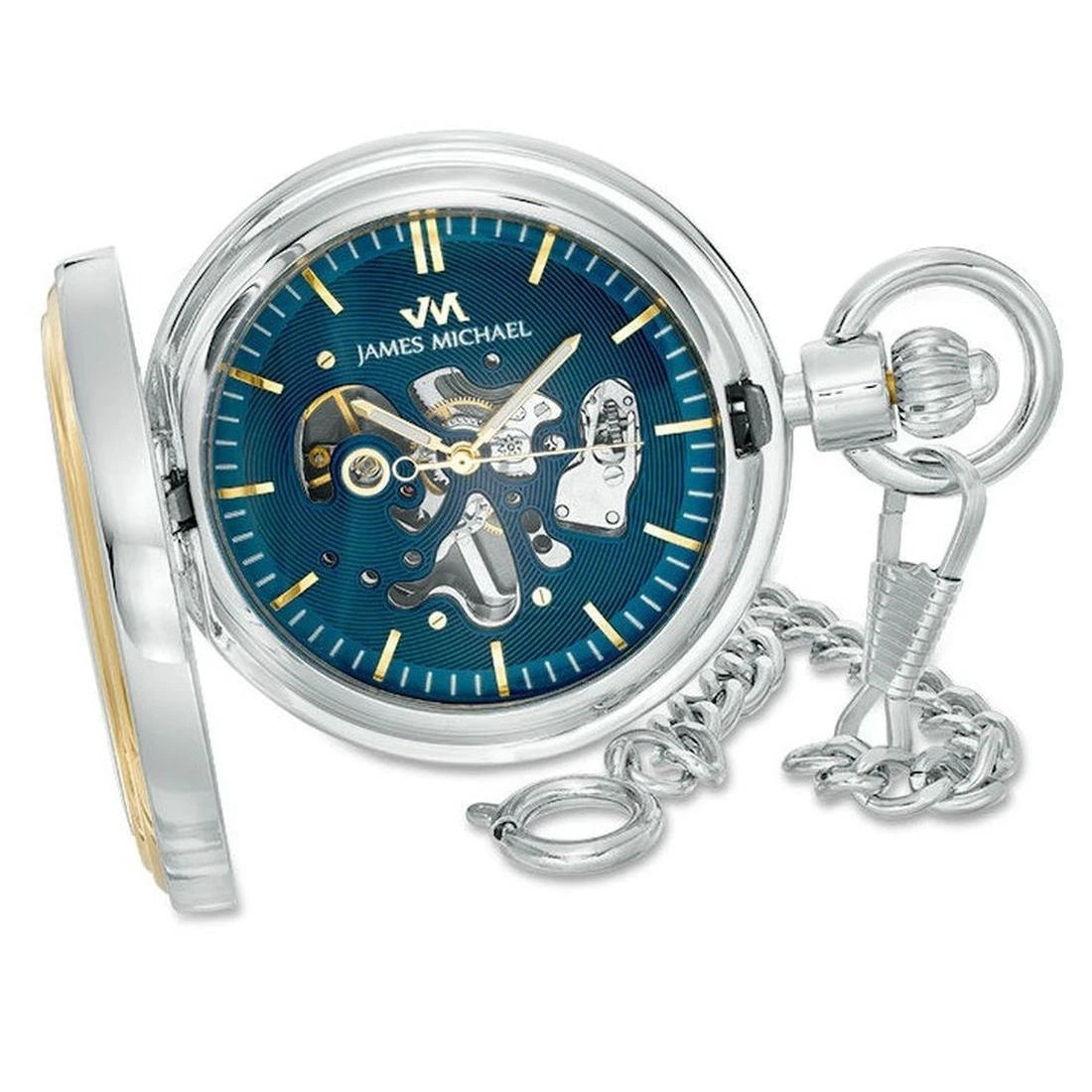 James Michael Men's Blue Skeleton Dial Silver-Tone Metal Case Quartz Pocket Watch PMA181044