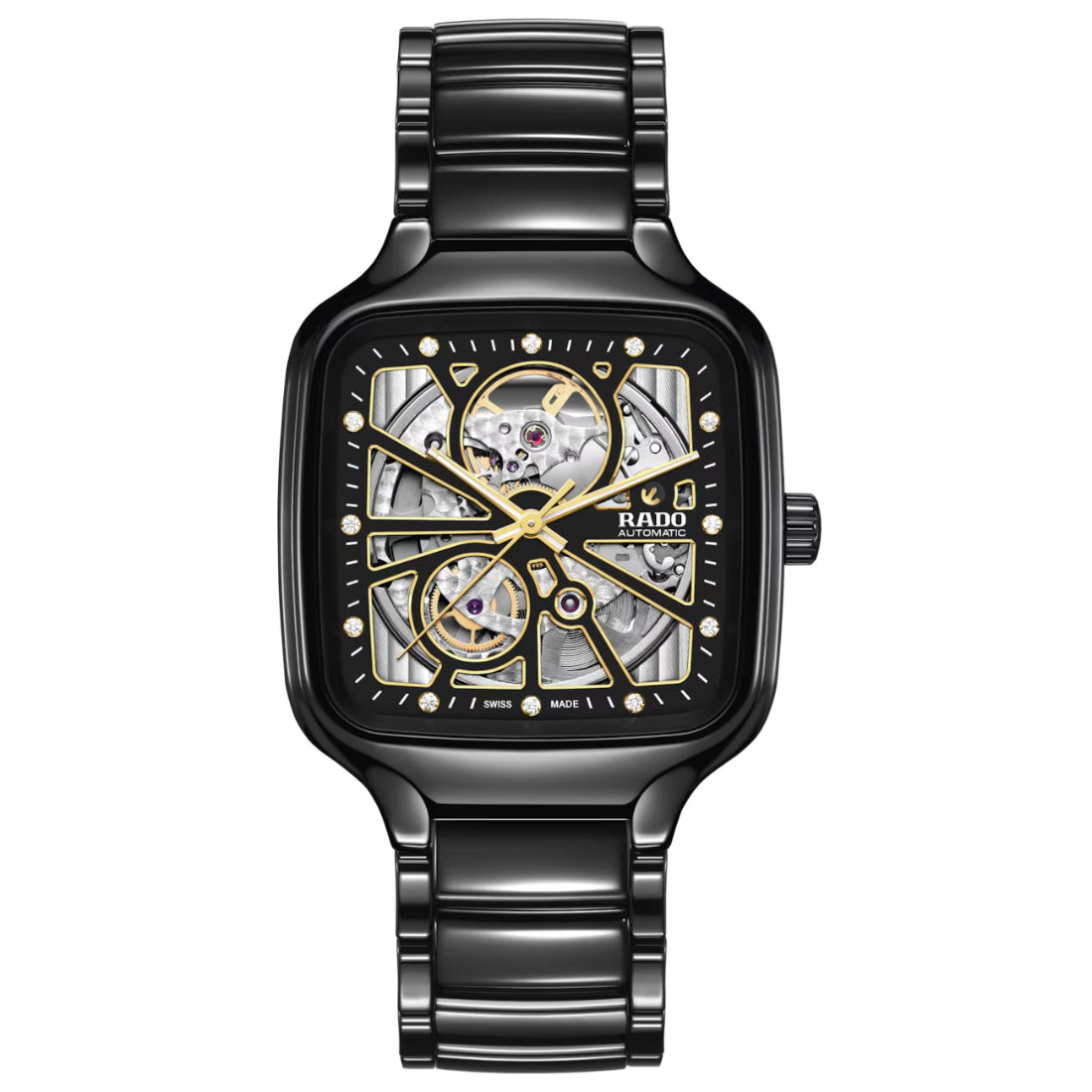 Rado True Square Automatic Open Heart Unisex Black with Yellow Gold Accents Dial Automatic Watch R27086712