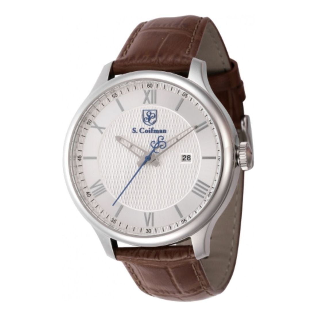 S.Coifman SC0152 Men's Heritage Quartz Silver Dial Brown Leather Strap Watch 43mm
