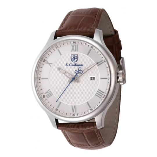 S.Coifman SC0152 Men's Heritage Quartz Silver Dial Brown Leather Strap Watch 43mm