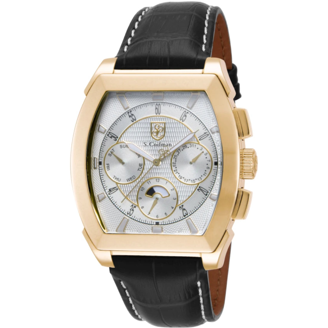 S.Coifman SC0088 Men's Chronograph Silver Dial Black Leather Strap Watch 45mm