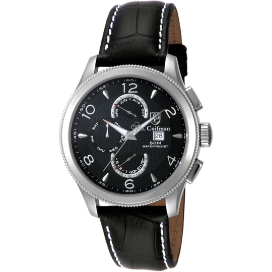 S.Coifman SC0105 Men's Heritage Chronograph Black Dial Black Leather Strap Watch 44mm