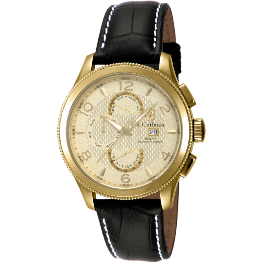S.Coifman SC0107 Men's Heritage Chronograph Champagne Dial Black Leather Strap Watch 44mm