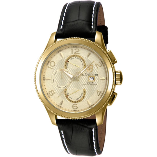 S.Coifman SC0107 Men's Heritage Chronograph Champagne Dial Black Leather Strap Watch 44mm