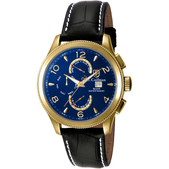S.Coifman SC0108 Men's Heritage Chronograph Blue Dial Black Leather Strap Watch 44mm