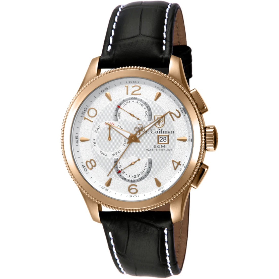 S.Coifman SC0109 Men's Heritage Chronograph Silver Dial Black Leather Strap Watch 44mm