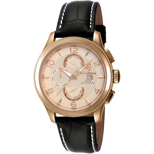 S.Coifman SC0110 Men's Heritage Chronograph Rose Gold Dial Black Leather Strap Watch 44mm