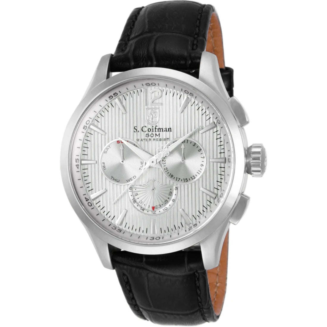 S.Coifman SC0120 Men's Heritage Chronograph Silver Dial Black Leather Strap Watch 44mm