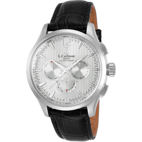 S.Coifman SC0120 Men's Heritage Chronograph Silver Dial Black Leather Strap Watch 44mm