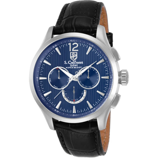 S.Coifman SC0121 Men's Heritage Chronograph Blue Dial Black Leather Strap Watch 44mm