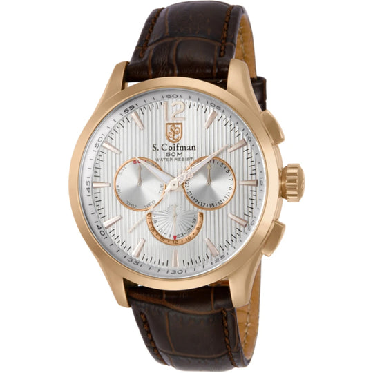 S.Coifman SC0124 Men's Heritage Chronograph Silver Dial Brown Leather Strap Watch 44mm