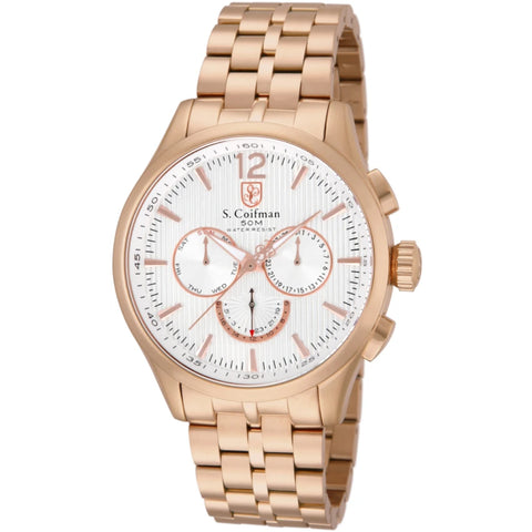 S.Coifman SC0129 Men's Heritage Chronograph Silver Dial Rose Gold-Tone Stainless Steel Bracelet Watch 44mm