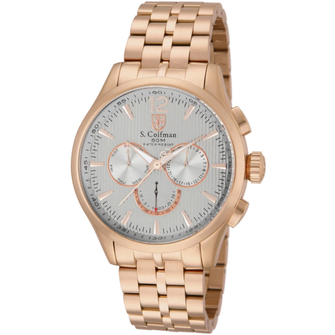 S.Coifman SC0130 Men's Heritage Chronograph Grey Dial Rose Gold-Tone Stainless Steel Bracelet Watch 44mm