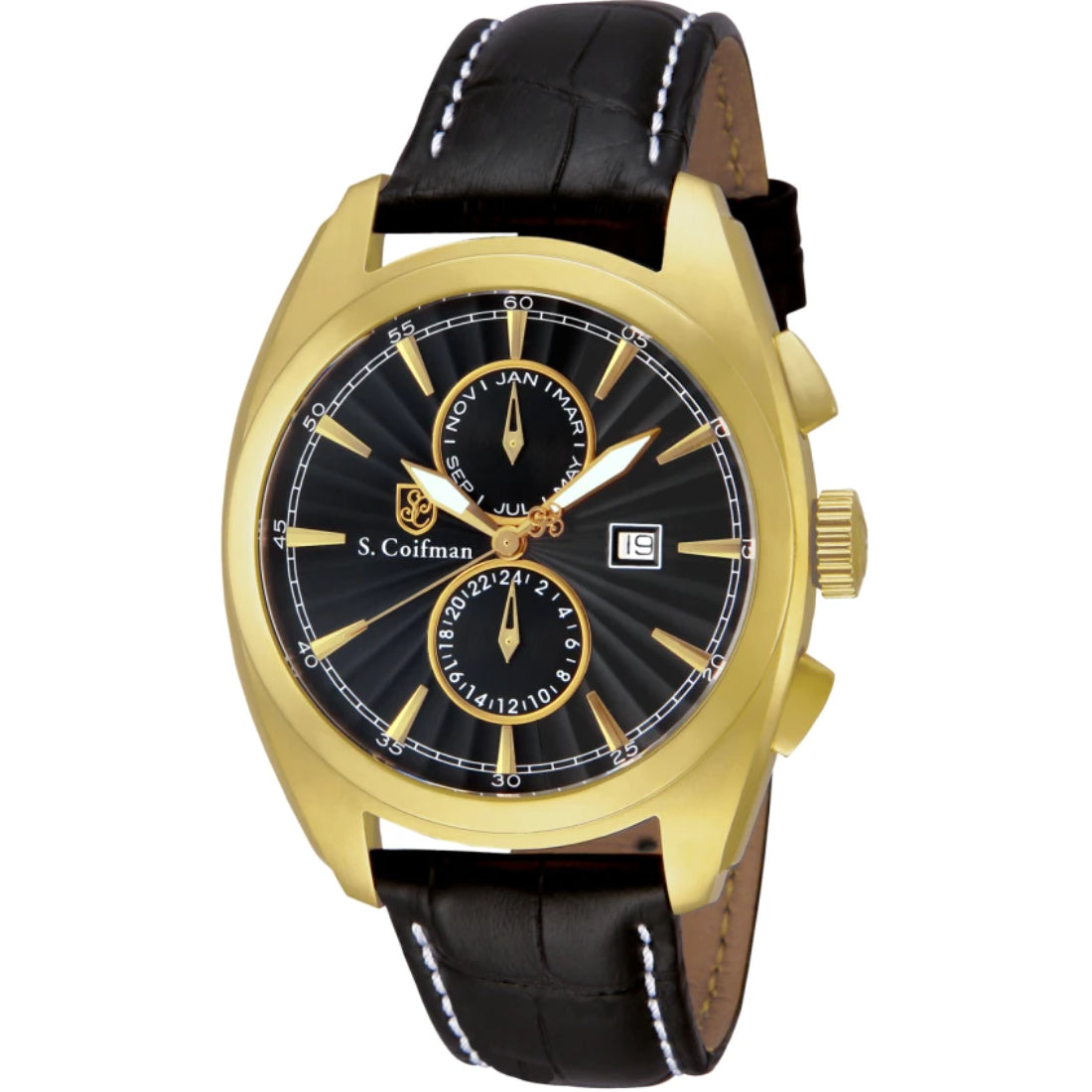 S.Coifman SC0133 Men's Heritage Chronograph Black Dial Black Leather Strap Watch 44mm