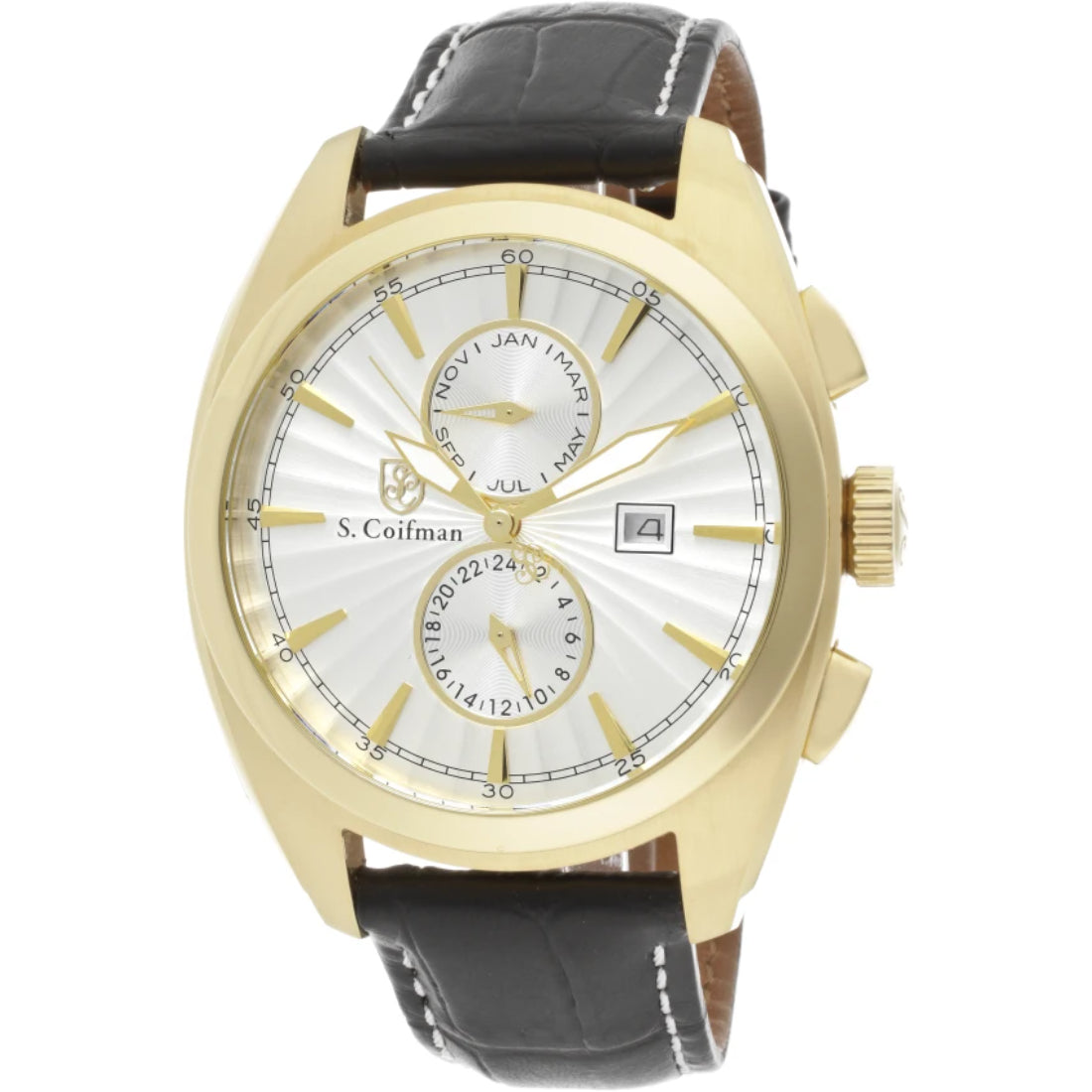 S.Coifman SC0134 Men's Heritage Chronograph Silver Dial Black Leather Strap Watch 44mm
