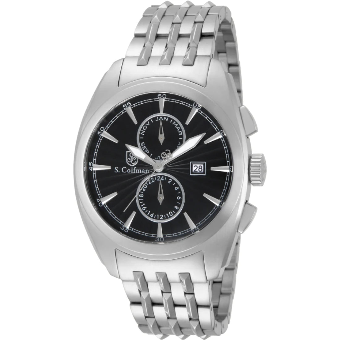 S.Coifman SC0137 Men's Noble Chronograph Black Dial Stainless Steel Bracelet Watch 44mm