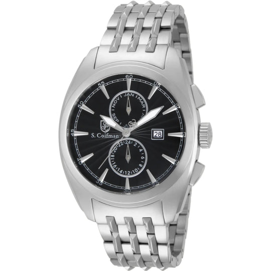 S.Coifman SC0137 Men's Noble Chronograph Black Dial Stainless Steel Bracelet Watch 44mm
