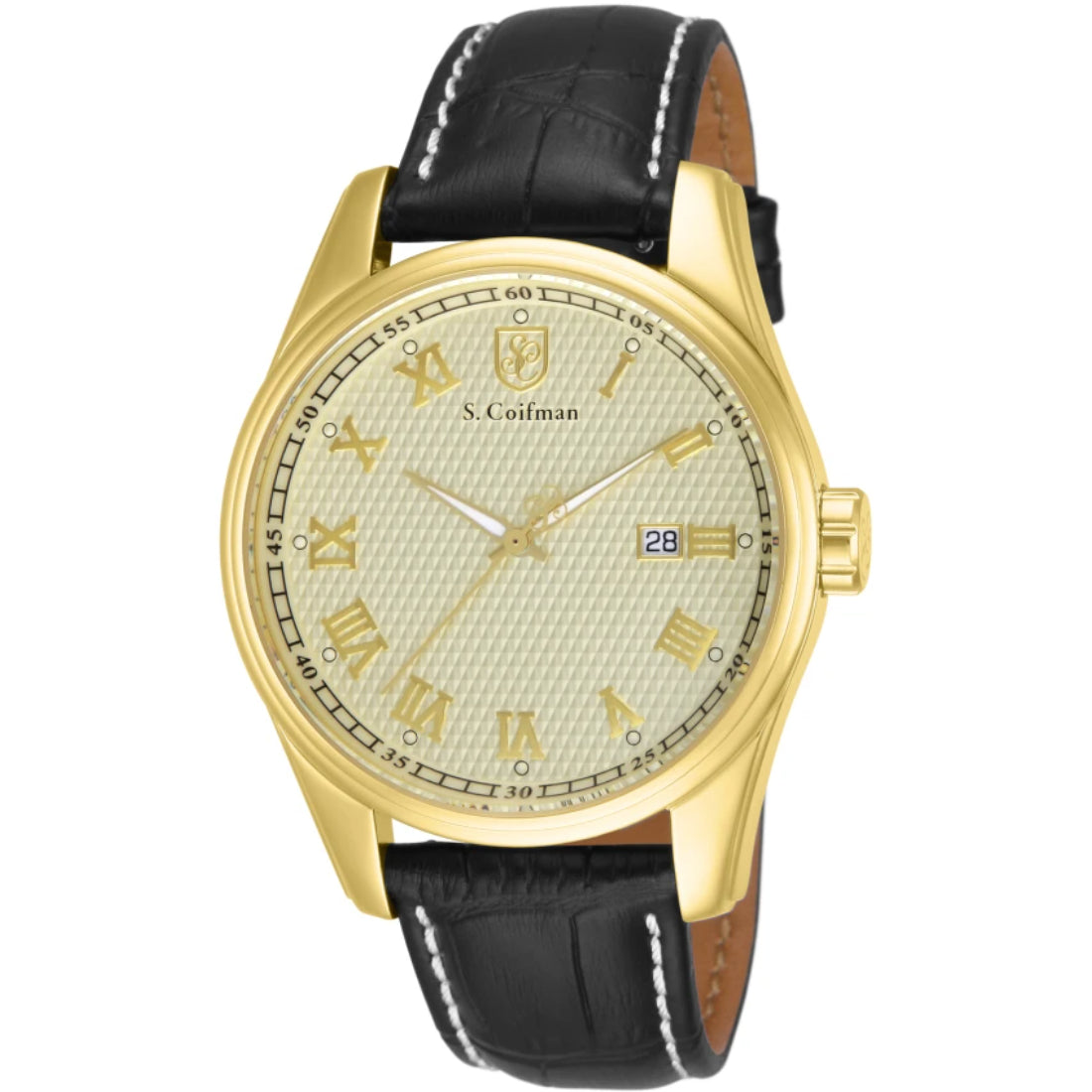 S.Coifman SC0147 Men's Heritage Quartz Champagne Dial Black Leather Strap Watch 45mm