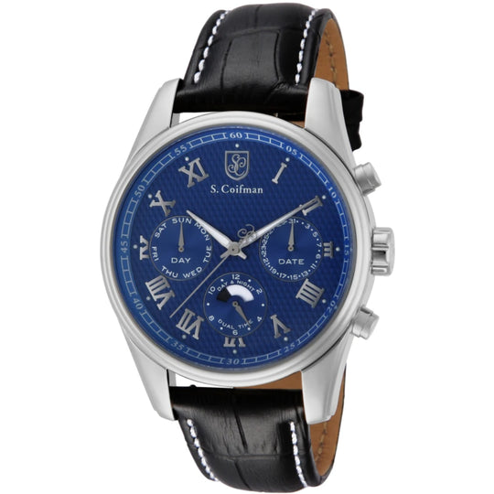 S.Coifman SC0153 Men's Heritage Chronograph Blue Dial Black Leather Strap Watch 45mm