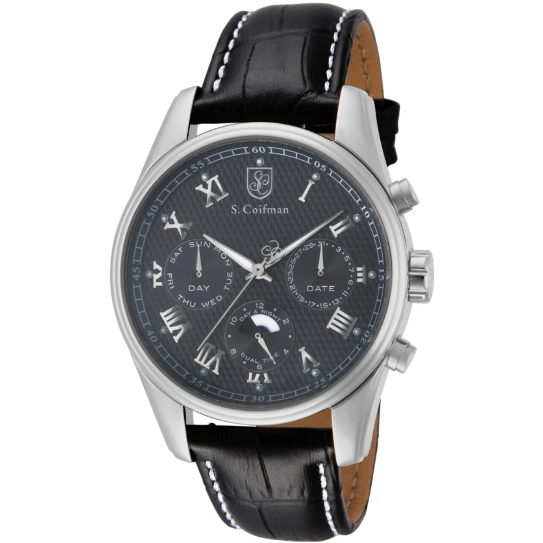 S.Coifman SC0154 Men's Heritage Chronograph Grey Dial Black Leather Strap Watch 45mm