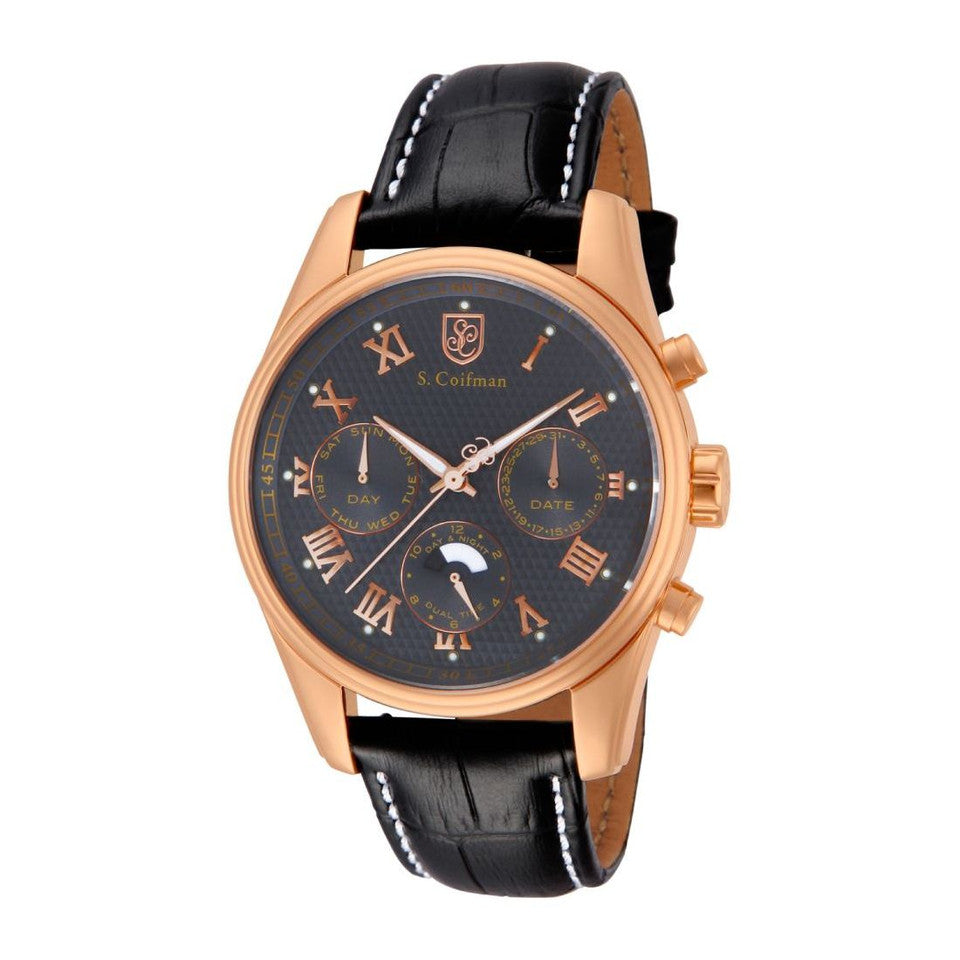 S.Coifman SC0159 Men's Heritage Chronograph Grey Dial Black Leather Strap Watch 45mm