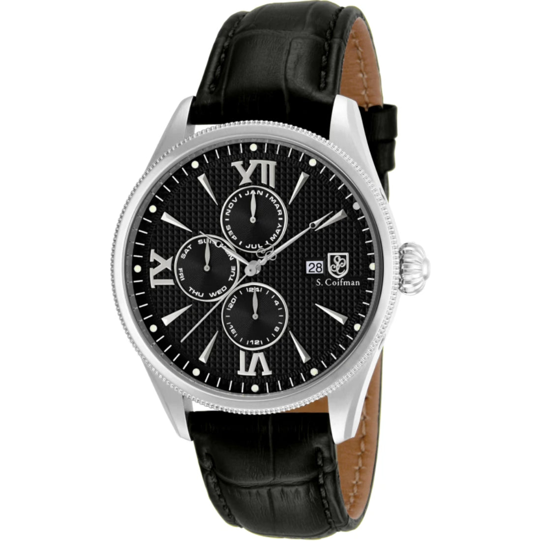 S.Coifman SC0168 Men's Heritage Chronograph Black Dial Black Leather Strap Watch 43mm