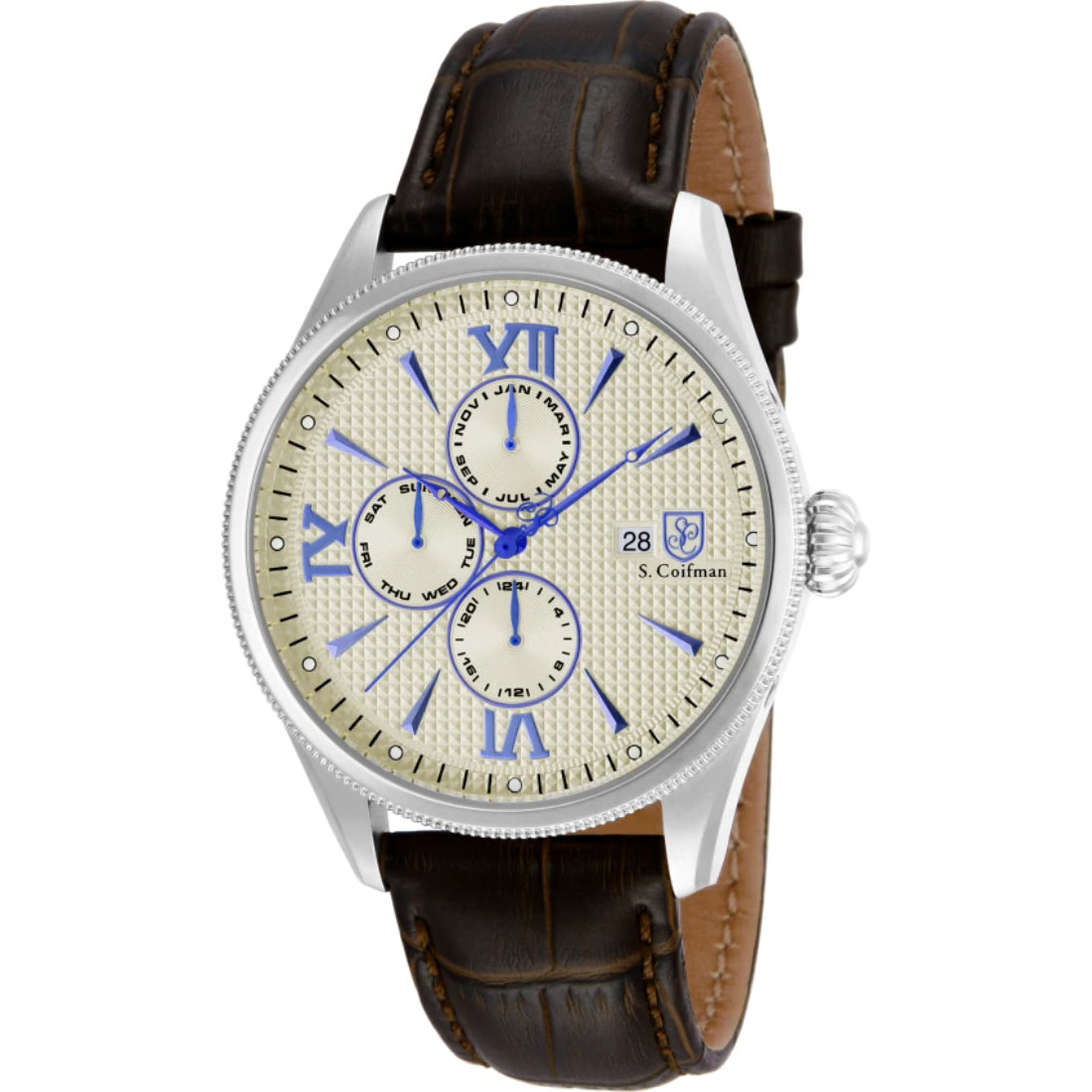 S.Coifman SC0169 Men's Heritage Chronograph Champagne Dial Brown Leather Strap Watch 43mm