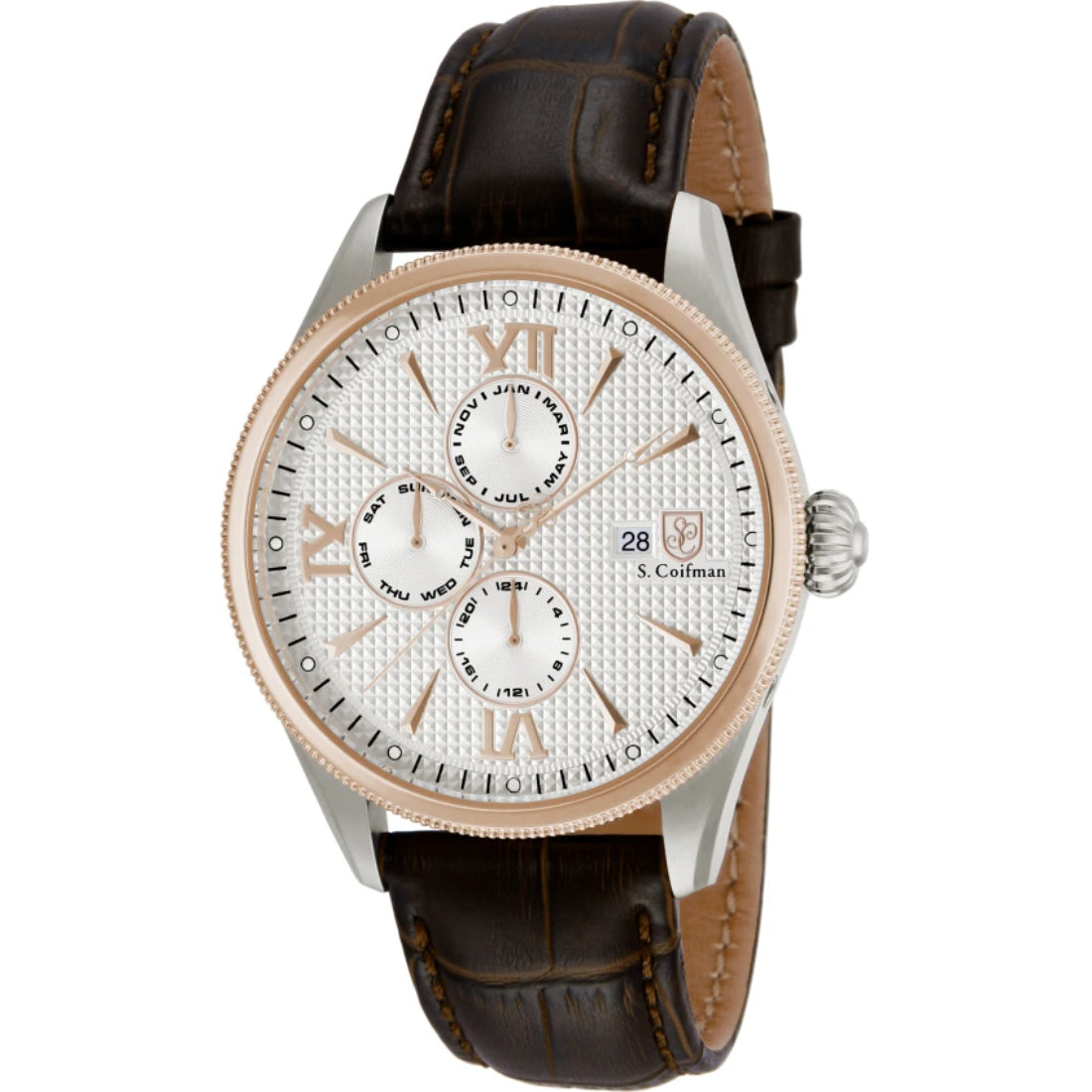 S.Coifman SC0170 Men's Heritage Chronograph Silver Dial Brown Leather Strap Watch 43mm
