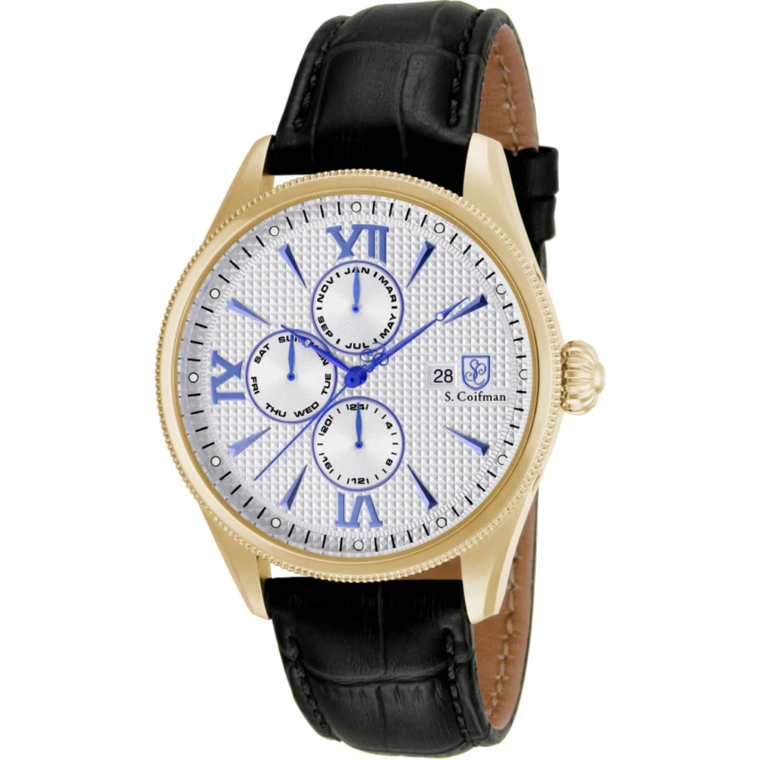 S.Coifman SC0171 Men's Heritage Chronograph Silver Dial Black Leather Strap Watch 43mm