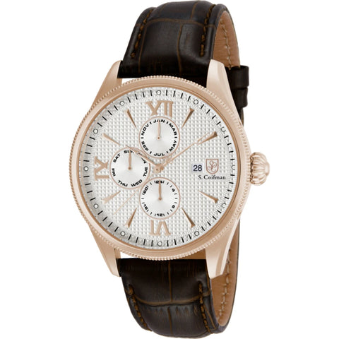 S.Coifman SC0174 Men's Heritage Chronograph Silver Dial Brown Leather Strap Watch 43mm