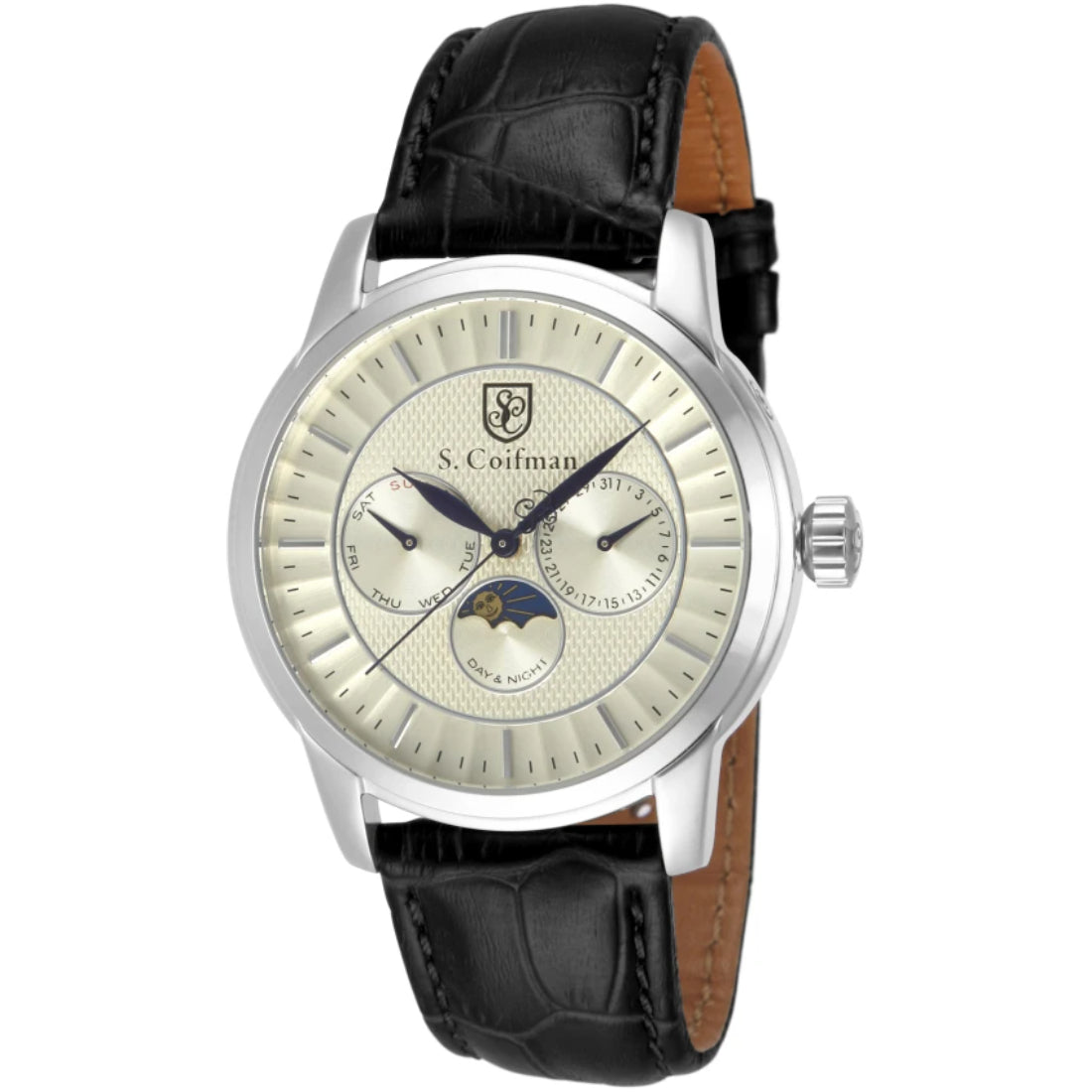 S.Coifman SC0211 Men's Heritage Chronograph White Dial Black Leather Strap Watch 43mm