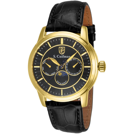 S.Coifman SC0213 Men's Heritage Chronograph Black Dial Black Leather Strap Watch 43mm