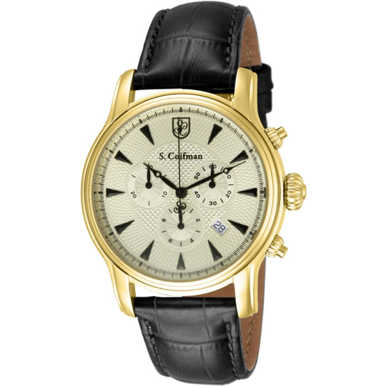 S.Coifman SC0222 Men's Heritage Chronograph Champagne Dial Black Leather Strap Watch 43mm