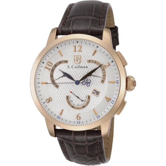 S.Coifman SC0233 Men's Heritage Chronograph Silver Dial Brown Leather Strap Watch 45mm