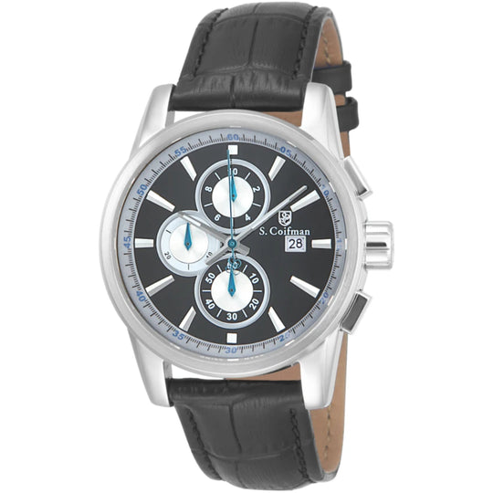 S.Coifman SC0251 Men's Heritage Chronograph Black Dial Black Leather Strap Watch 43mm