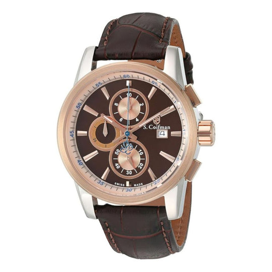 S.Coifman SC0254 Men's Heritage Chronograph Brown Dial Brown Leather Strap Watch 43mm