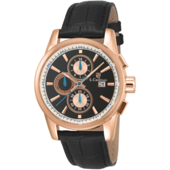S.Coifman SC0257 Men's Heritage Chronograph Black Dial Black Leather Strap Watch 43mm