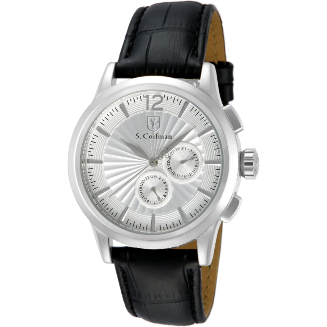 S.Coifman SC0260 Men's Heritage Chronograph Silver Dial Black Leather Strap Watch 43mm