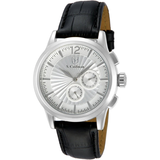 S.Coifman SC0260 Men's Heritage Chronograph Silver Dial Black Leather Strap Watch 43mm