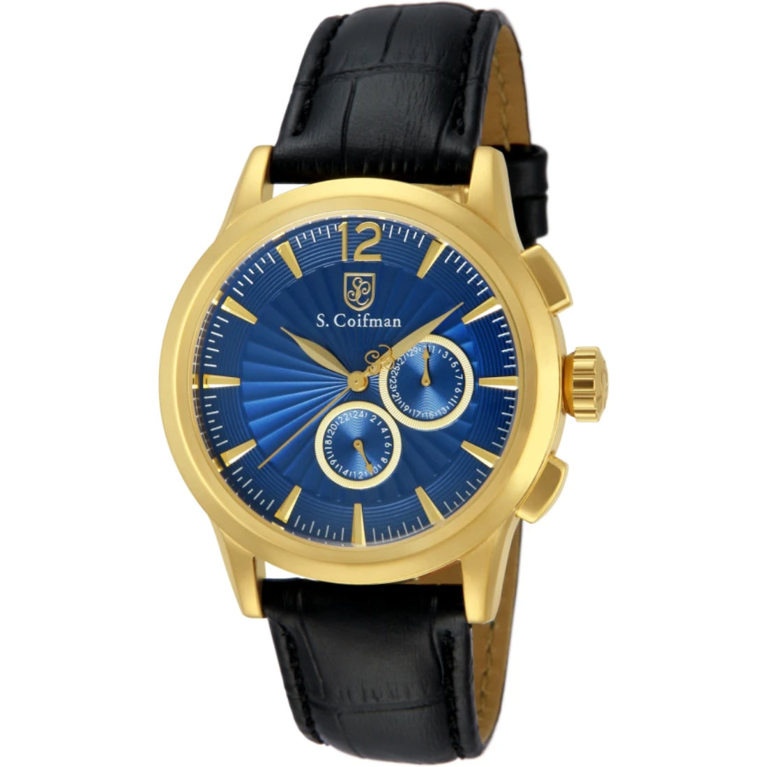 S.Coifman SC0264 Men's Heritage Chronograph Blue Dial Black Leather Strap Watch 43mm