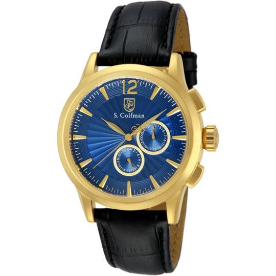 S.Coifman SC0264 Men's Heritage Chronograph Blue Dial Black Leather Strap Watch 43mm