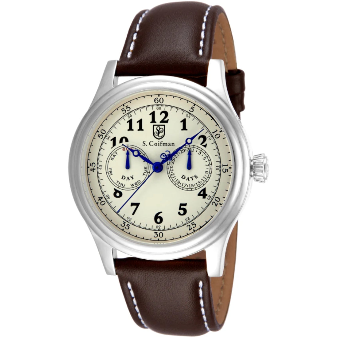 S.Coifman SC0275 Men's Heritage Chronograph White Dial Brown Leather Strap Watch 43mm